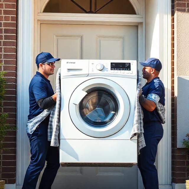 Two professionals delivering a washing machine with protective blankets and corner guards.
