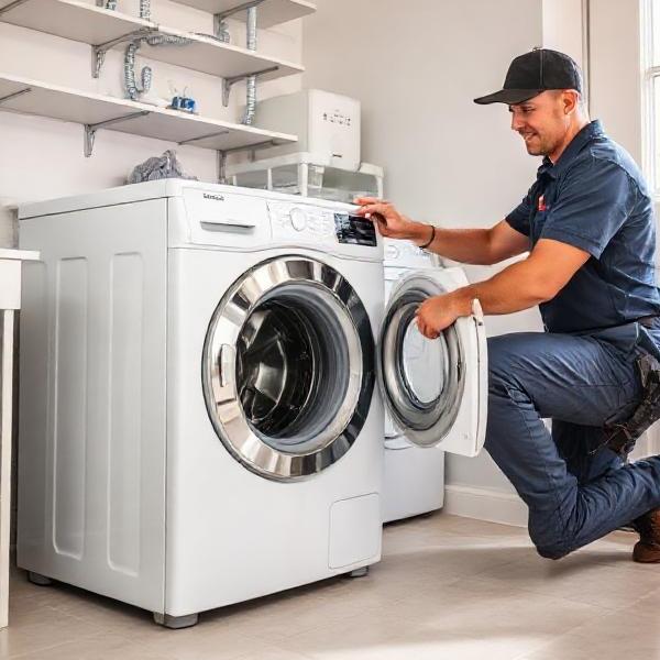 Technician connecting washing machine water lines and leveling the appliance feet.