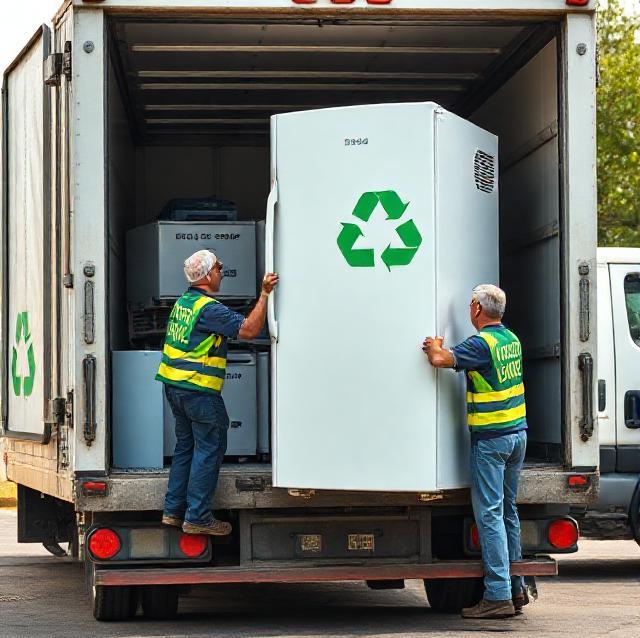 Workers loading an old refrigerator for eco-friendly recycling.