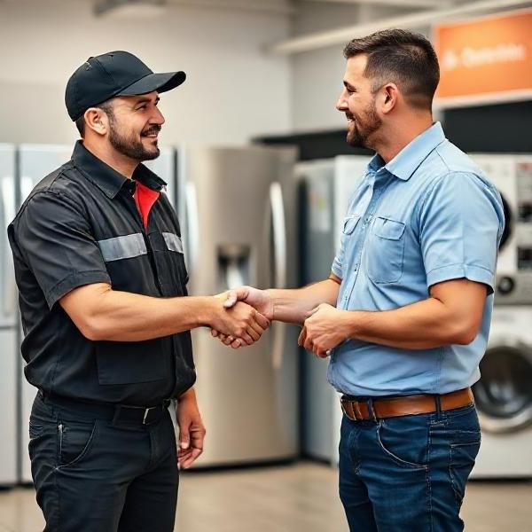 Handshake between delivery manager and appliance store manager in a showroom.