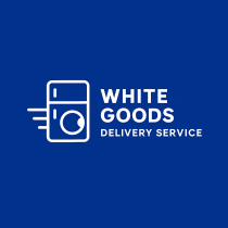 Minimalist white outline fridge/washer with motion line on deep blue background (WGDS logo)